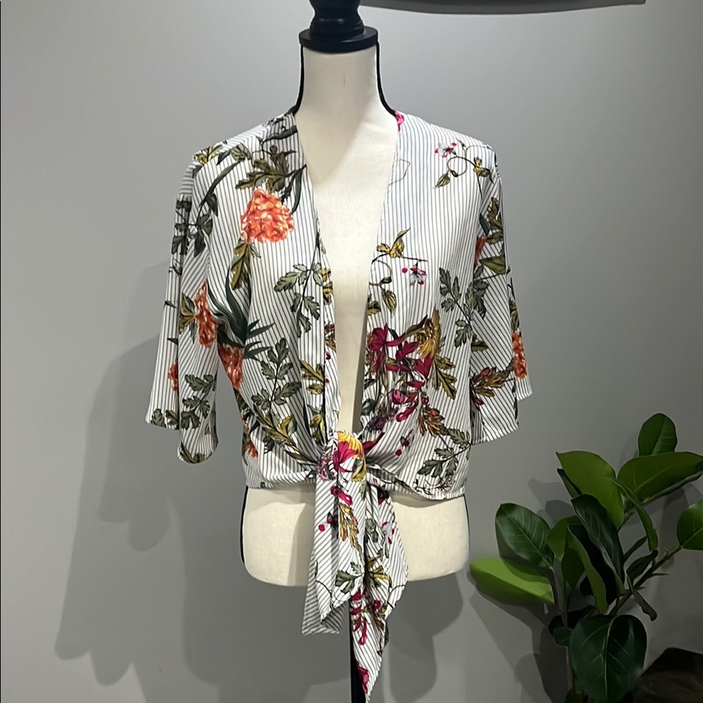 Floral Tie-Front Short Kimono Style - White with Multicolor Floral Print